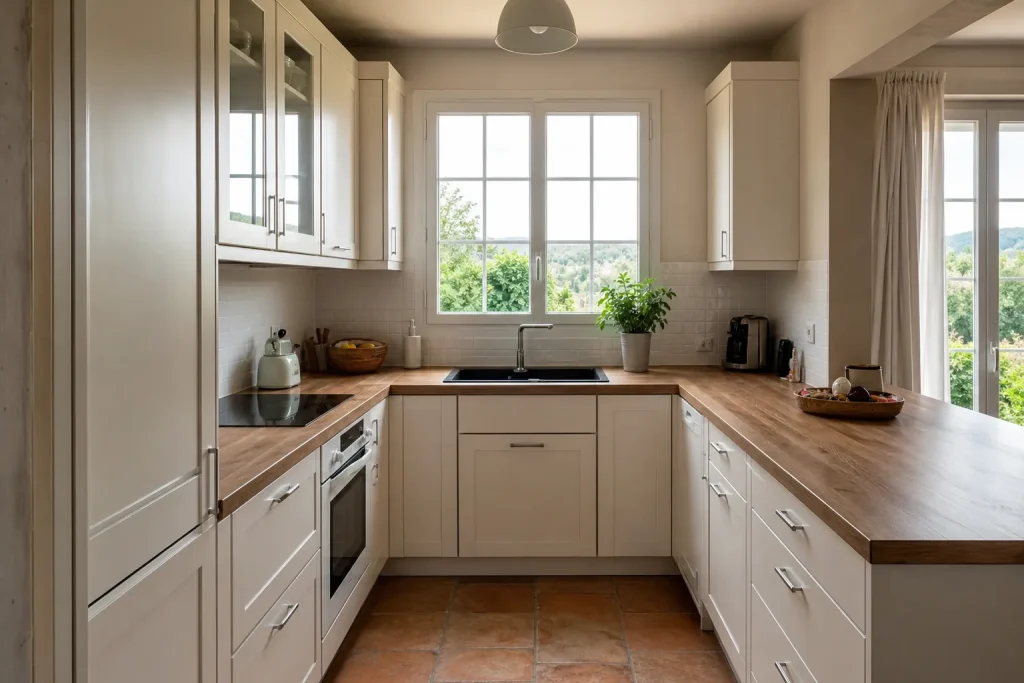 Cuisine équipée en U avec plan de travail en bois