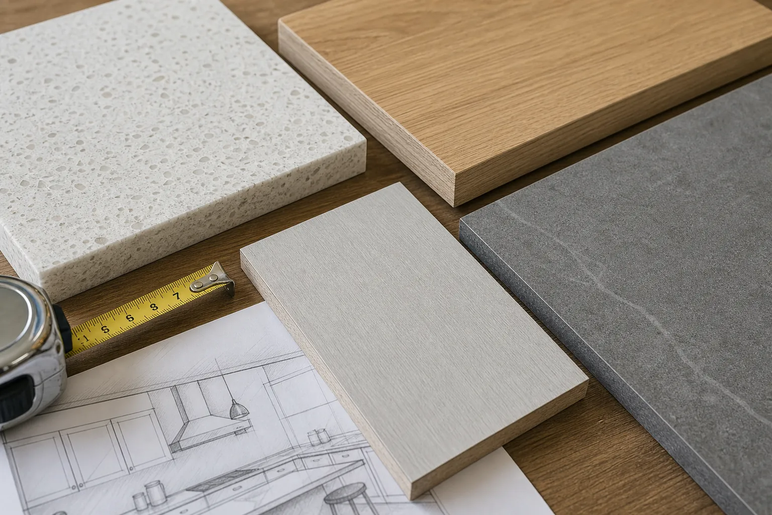 Échantillons de plans de travail en quartz, bois et stratifié