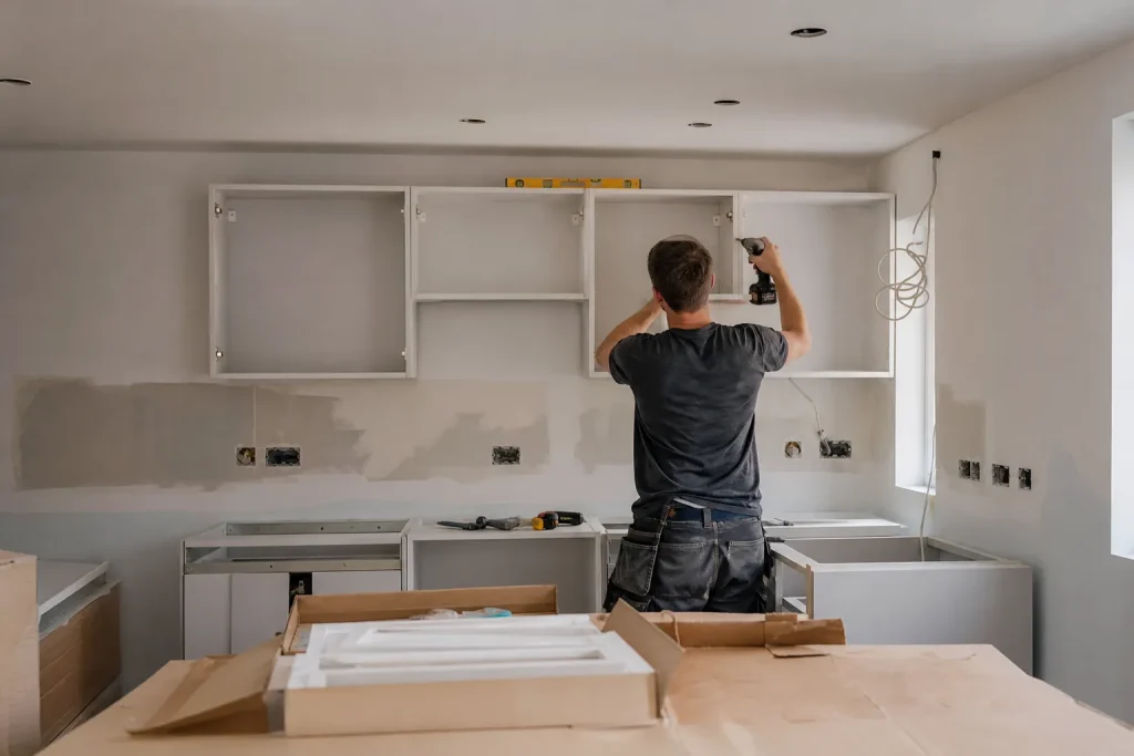 Poseur installant les meubles hauts d’une cuisine