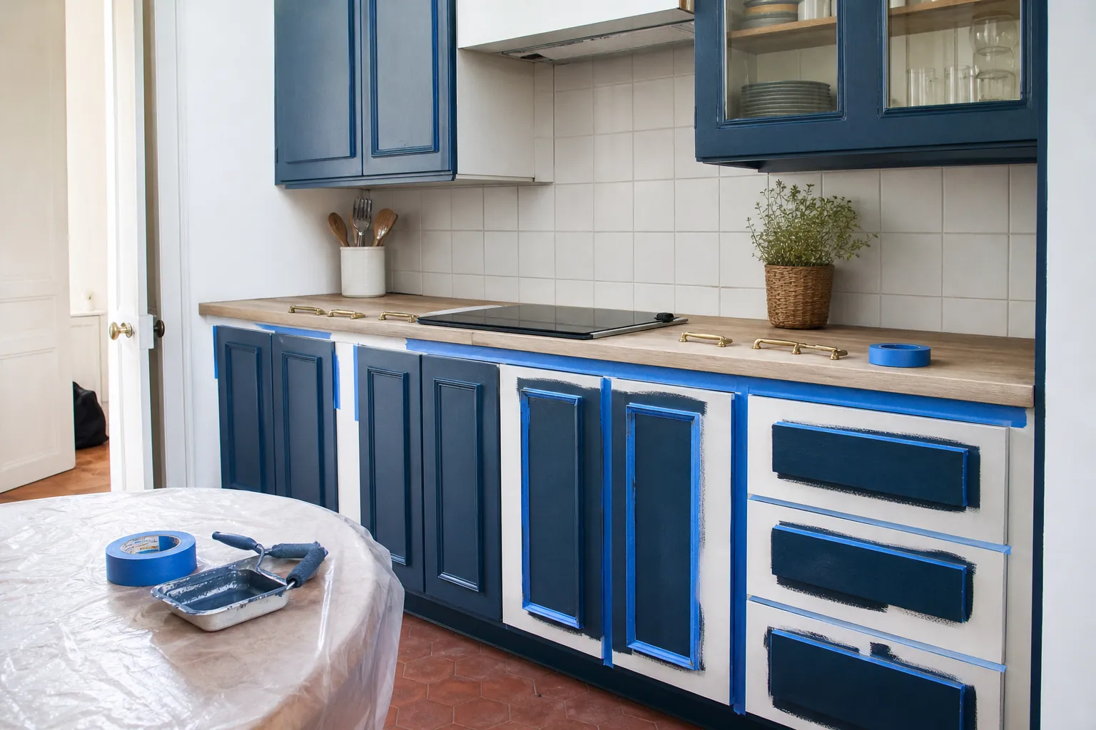 Relooking de cuisine avec façades repeintes en bleu