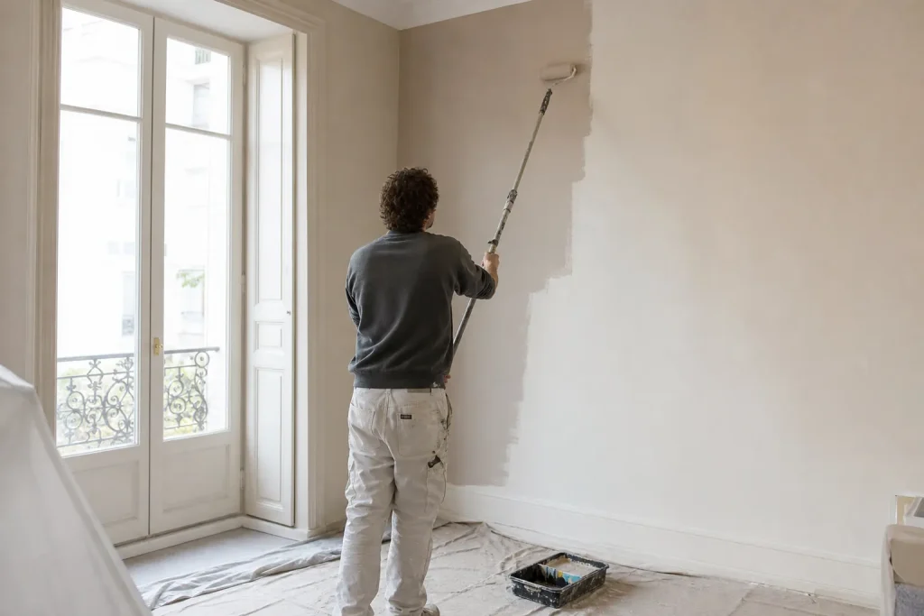 Peintre appliquant la peinture au rouleau sur un mur de séjour