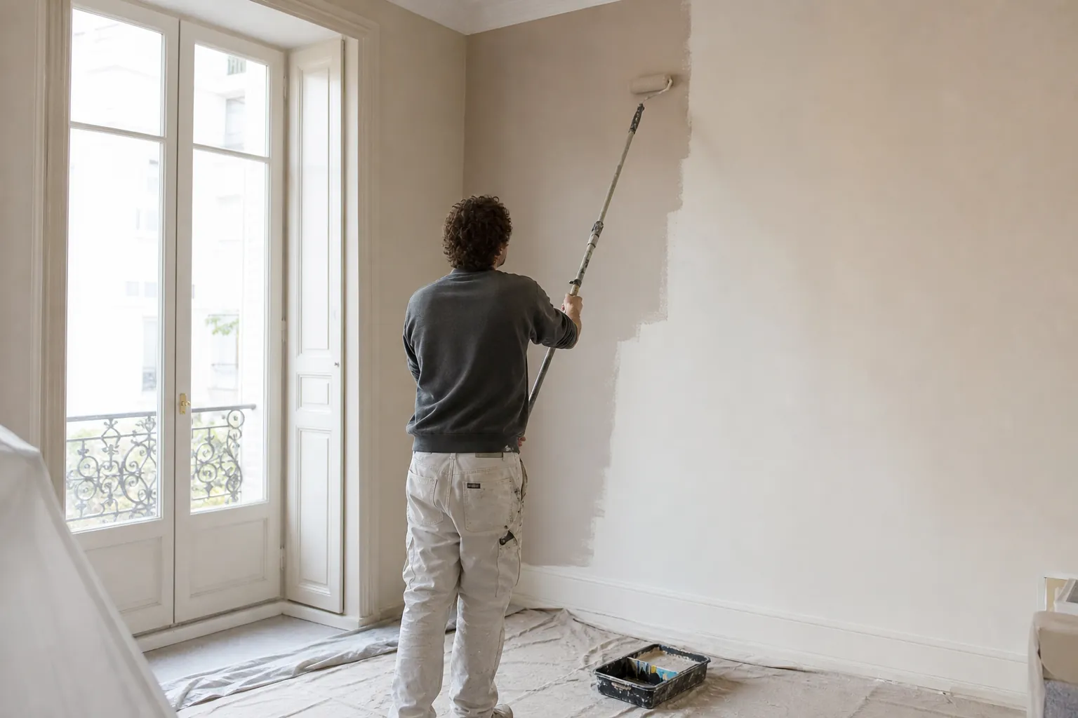 Peintre appliquant la peinture au rouleau sur un mur de séjour