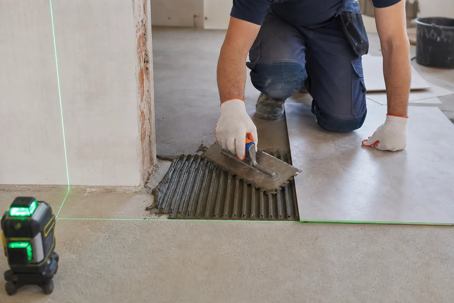 Carreleur posant du carrelage grand format au sol