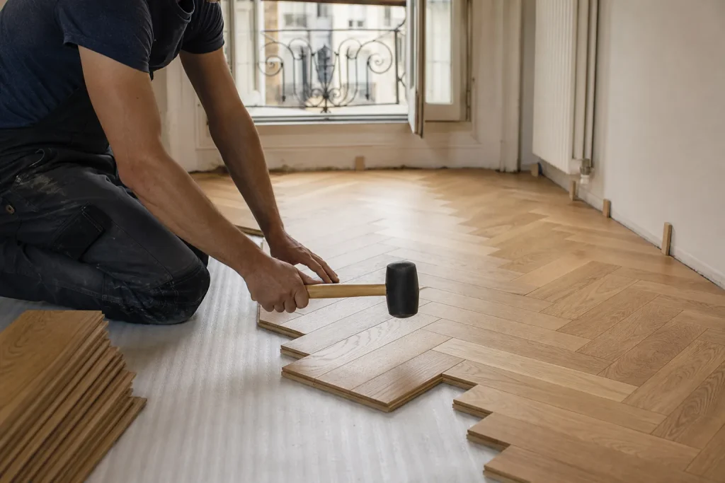 Pose d’un parquet contrecollé en chêne sur sous-couche