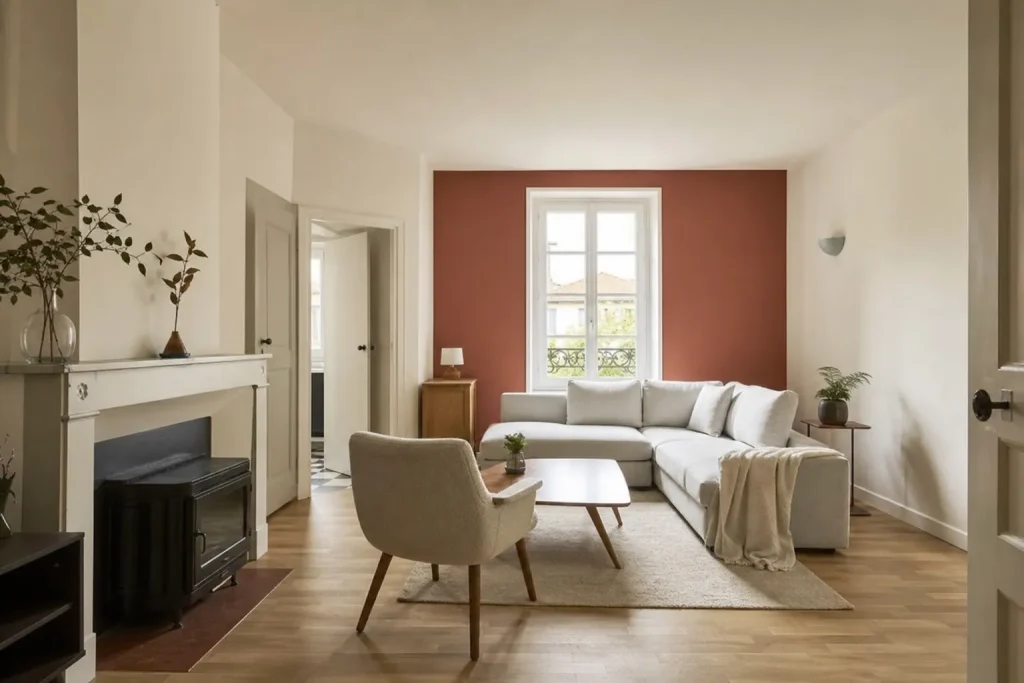 Séjour rénové avec peinture neuve et parquet en chêne clair