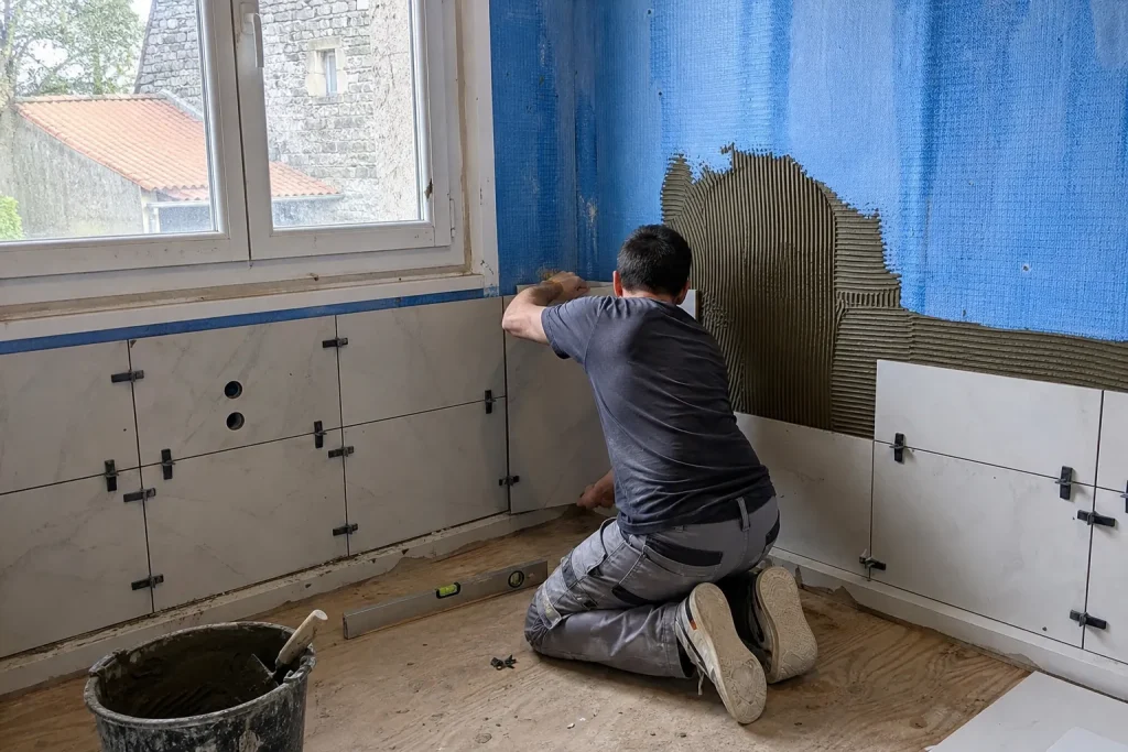 Carreleur posant la faïence lors d’une rénovation de salle de bain