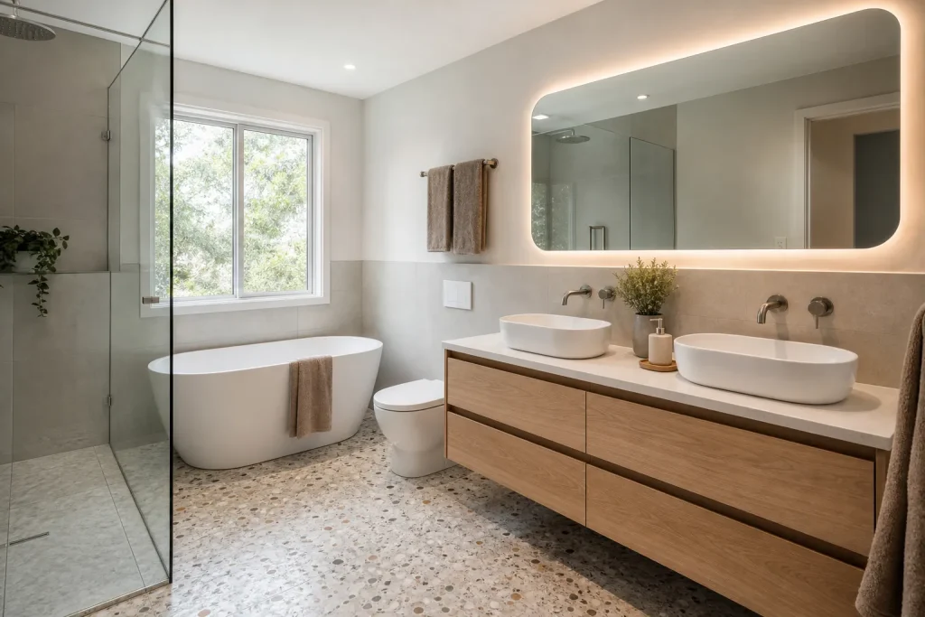 Salle de bain familiale rénovée avec meuble double vasque