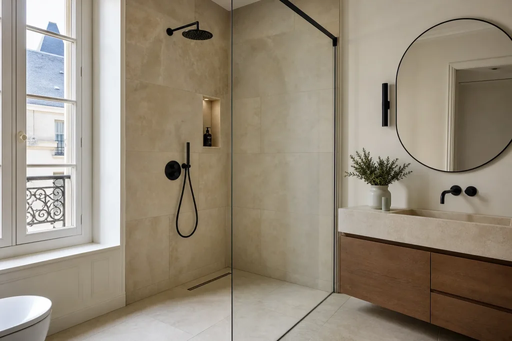 Douche à l’italienne de plain-pied avec caniveau et paroi en verre