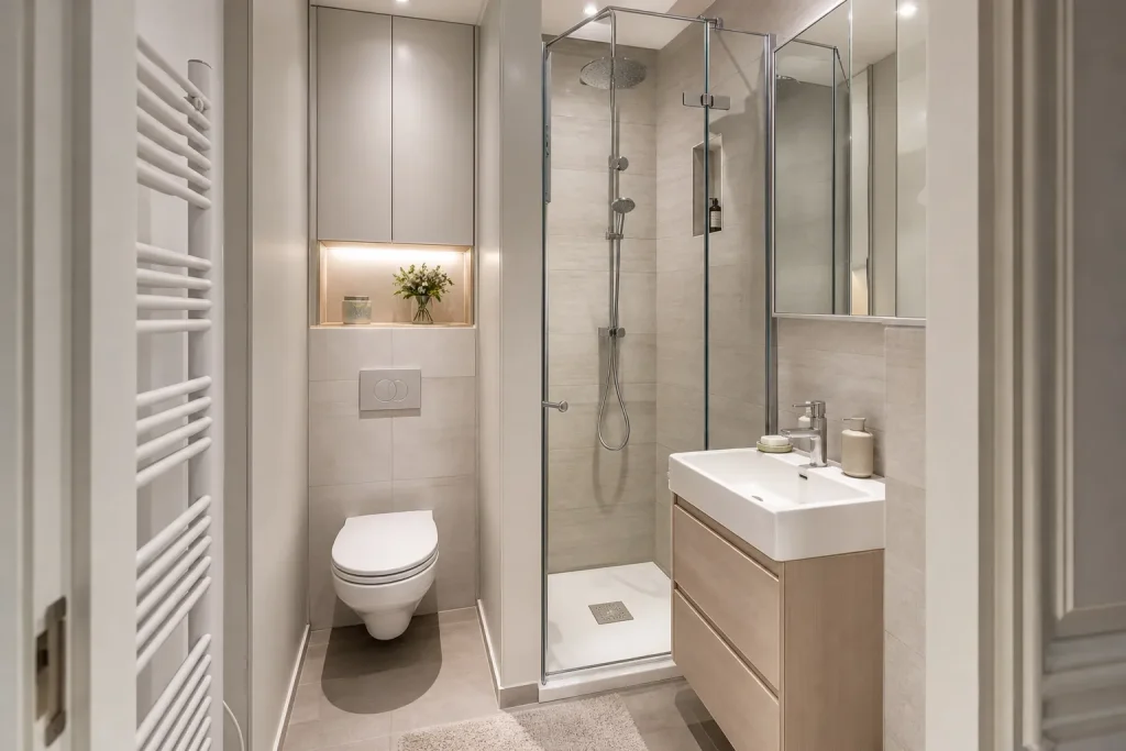 Petite salle de bain optimisée avec WC suspendu et douche compacte