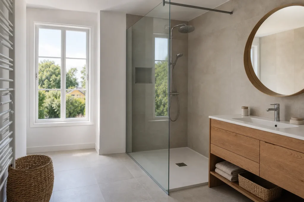 Salle de bain rénovée avec douche vitrée et meuble vasque en chêne