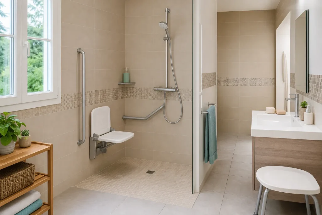 Salle de bain adaptée senior avec siège de douche et barres d’appui